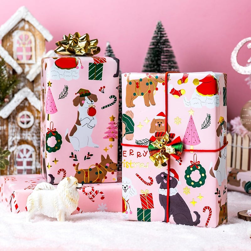 Yarcony Dog Christmas Wrapping Ppaper, Pink Wrapping Paper, Metallic Foil Pastel Cute Puppy, Candy Cane Pattern Christmas Gift Wrap for Winter Holiday, Little Girl Birthday (17 Inch X 33 Feet) - Image 2